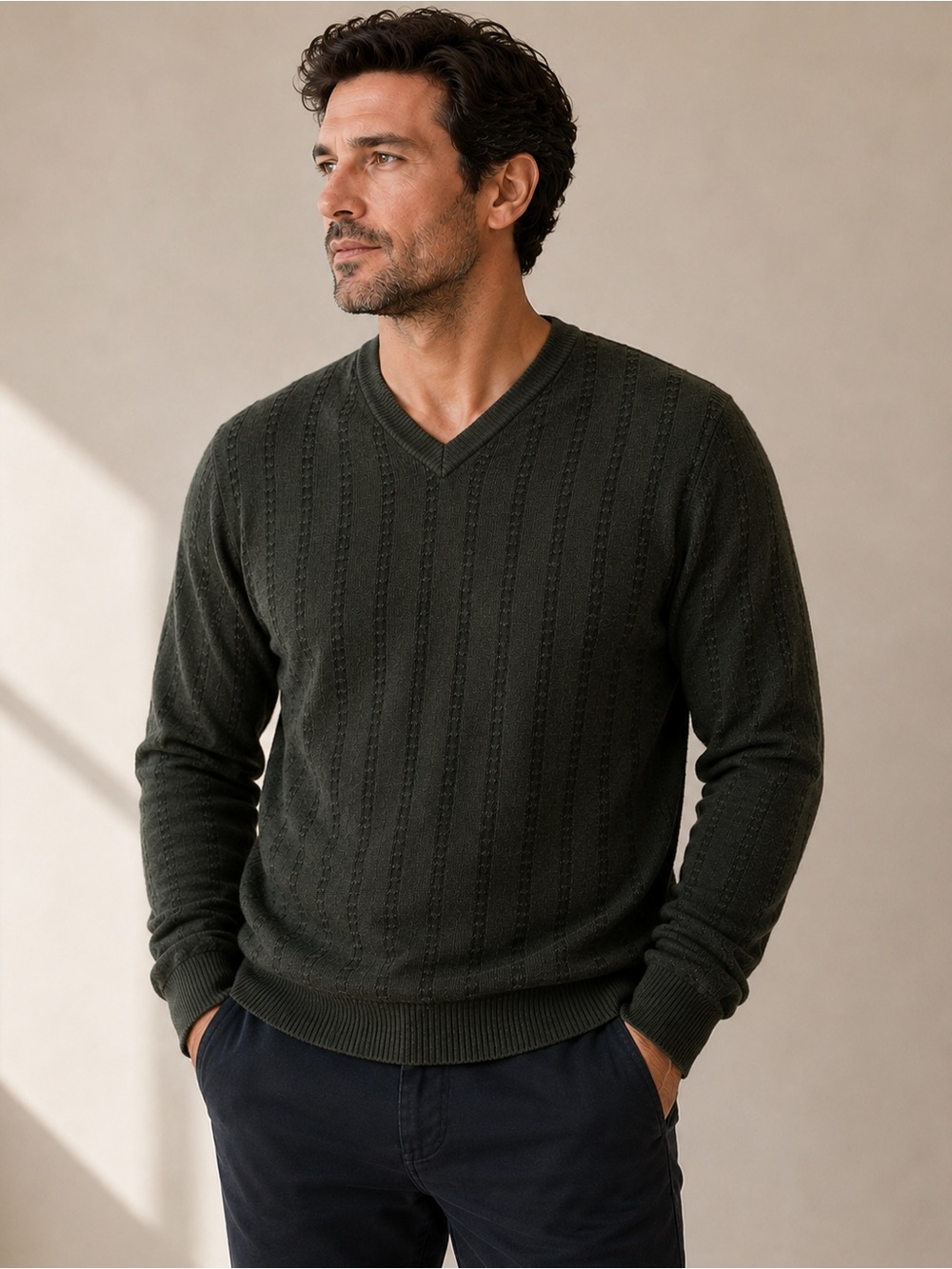 Raffi V-Neck Sweater Mens L Green Excellent Wool Blend Made in Italy Knit Top